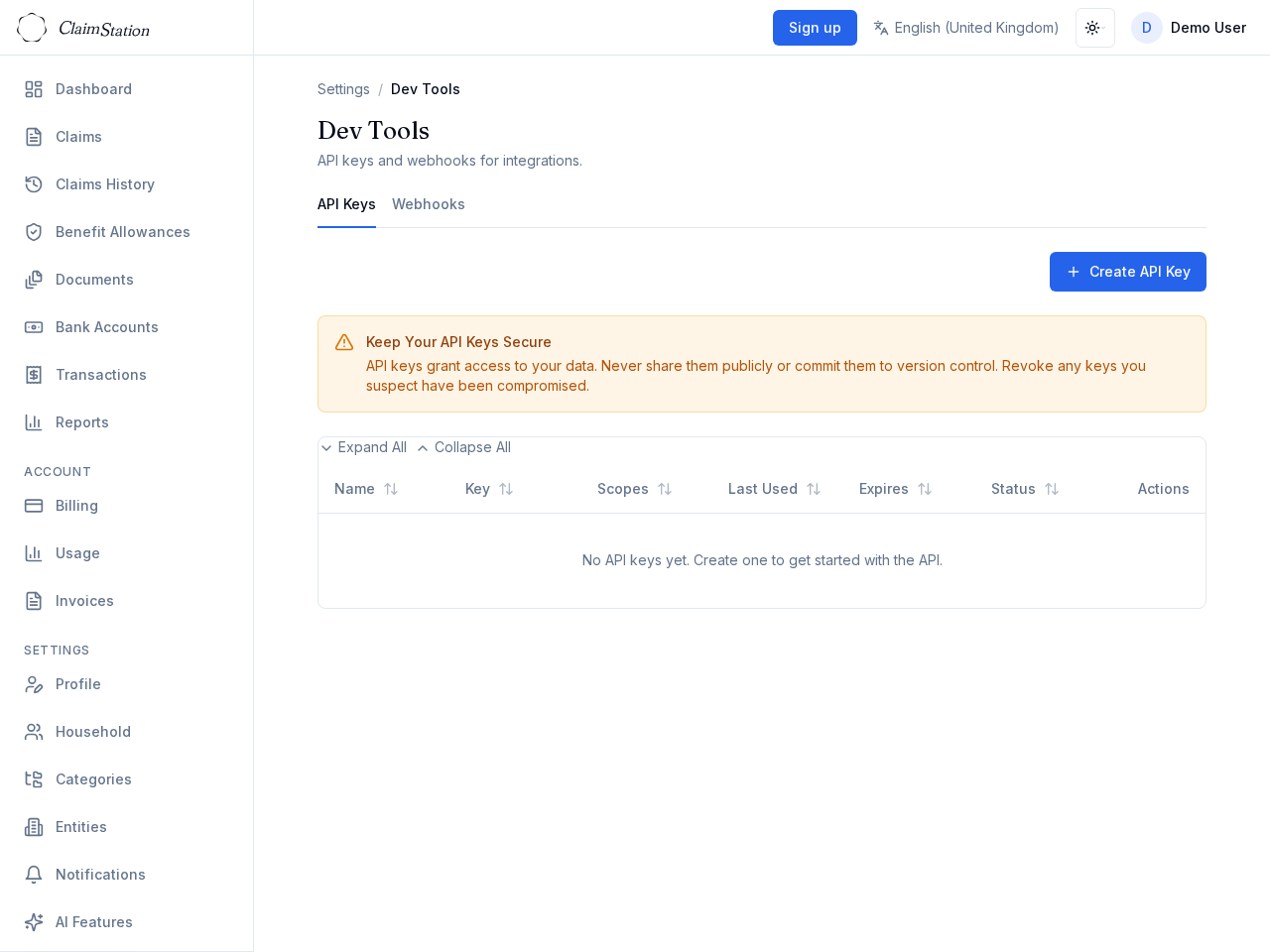 ClaimStation Settings Dev Tools API Keys